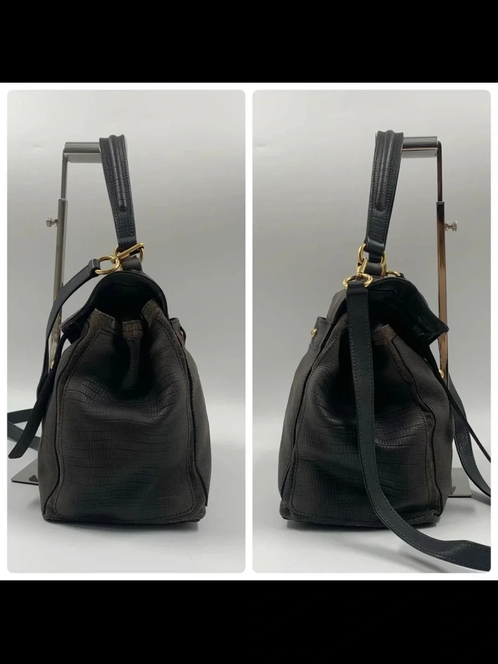 Saint Laurent Dark Gray Textured Leather Shoulder Bag with Gold Hardware
